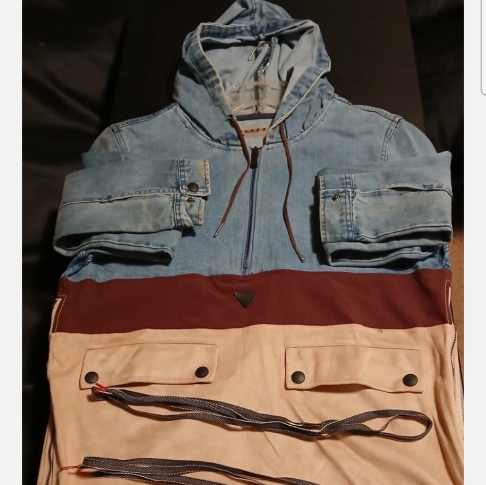 Black Pyramid Tan,brown,blue Size M Acid washed Denim jean hoodie pullover zipup
